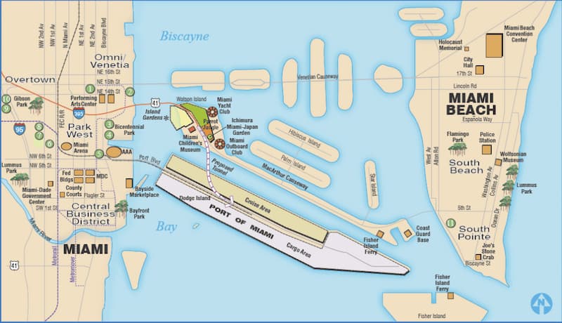 Mapa del puerto de cruceros de Miami