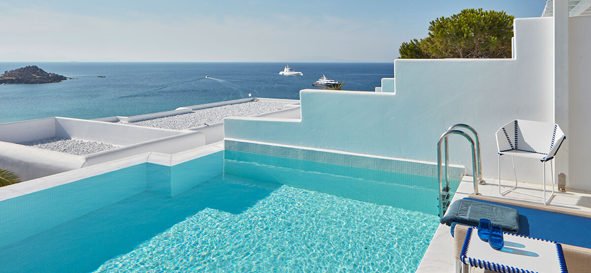 Hotel en Mykonos con piscina privada en la habitación