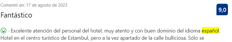 Comentario sobre el dominio del español en el hotel Estambul